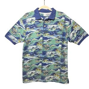 Vintage‎ OP Polo Shirt Mens Medium Nautical Fishing Boat Lighthouse Print